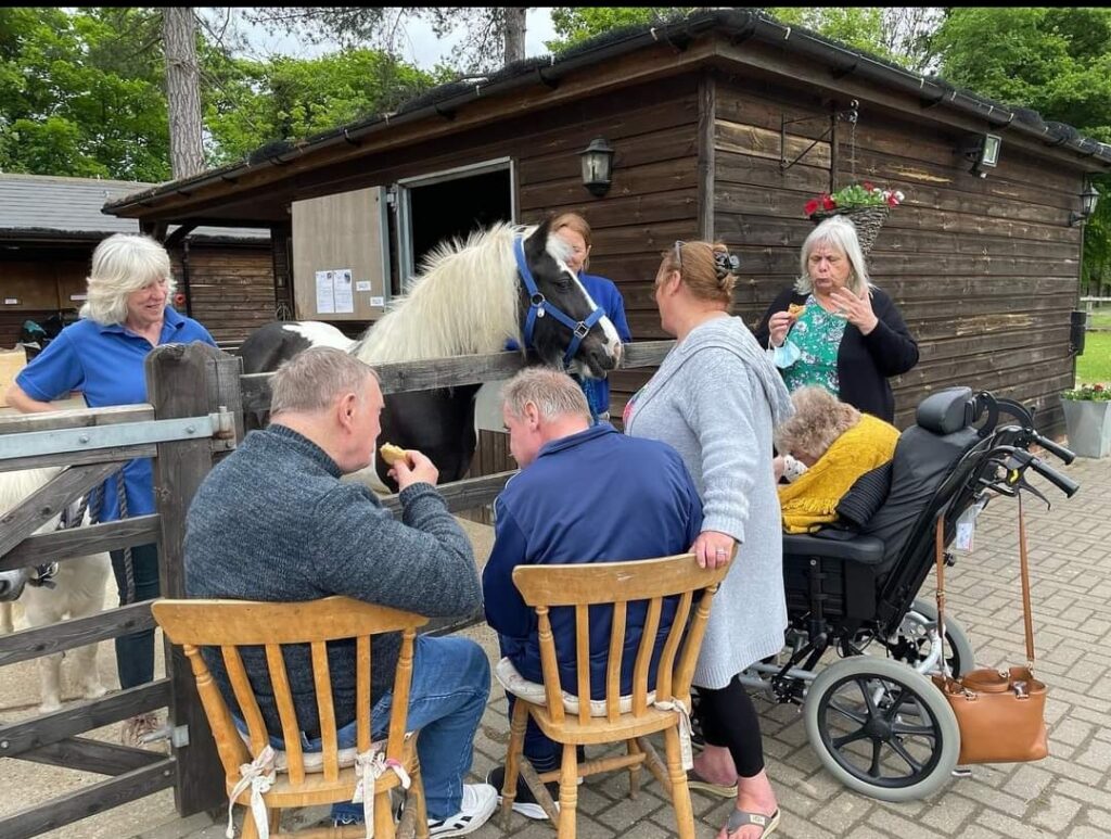 <!-- wp:heading -->
<h2><strong>Tea with a Pony</strong></h2>
<!-- /wp:heading -->

<!-- wp:paragraph -->
<p>We have two miniature Shetland ponies who can also travel and are available for visits to schools, care homes, day centres, special needs centres and rehabilitation settings.</p>
<!-- /wp:paragraph -->

<!-- wp:paragraph -->
<p>This is an activity that involves a fulfilling and enriching experience with our horses/ponies for people living with life changing conditions for whom horse riding may not be suitable but who might be helped with some other form of animal assisted activity involving horses. This activity is specifically aimed at participants and their carer/family to involve the whole unit. This activity utilises the pony experience, being around our horses who are quiet and friendly and love being fussed, through patting, stroking, cuddling, brushing. This is a highly sensory and emotional experience. Making a new friend can help with confidence, relationship building, communication, social interaction and promote relaxation and wellbeing. The centre is set in beautiful surroundings and can also involve a hands off approach of just watching the ponies and enjoying our natural environment. </p>
<!-- /wp:paragraph -->